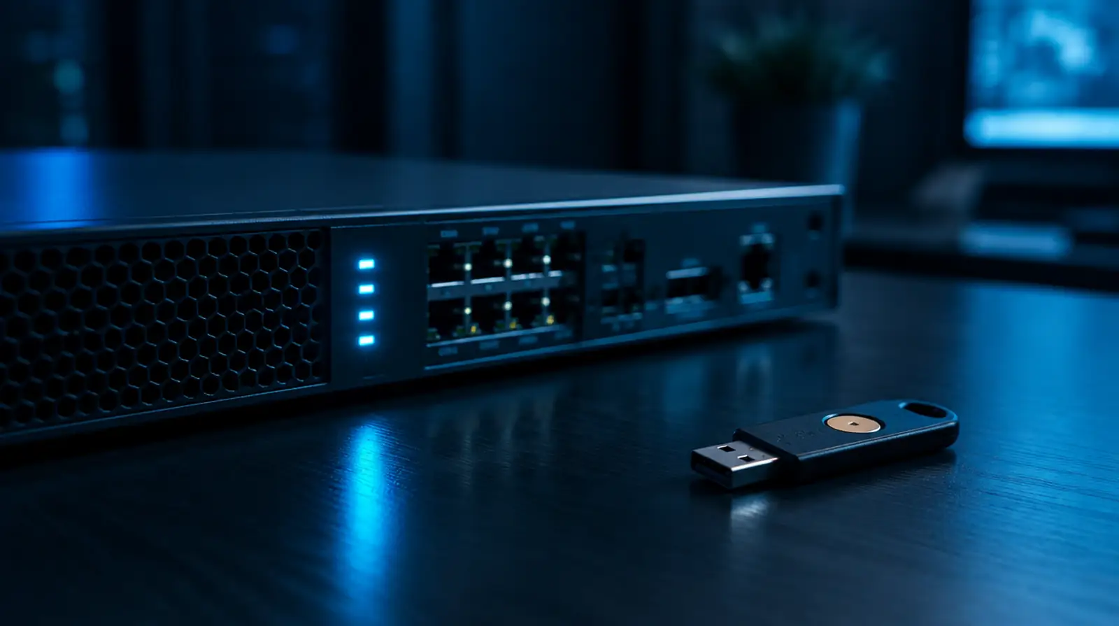 Firewall-Gerät und Sicherheitsschlüssel auf einem Schreibtisch