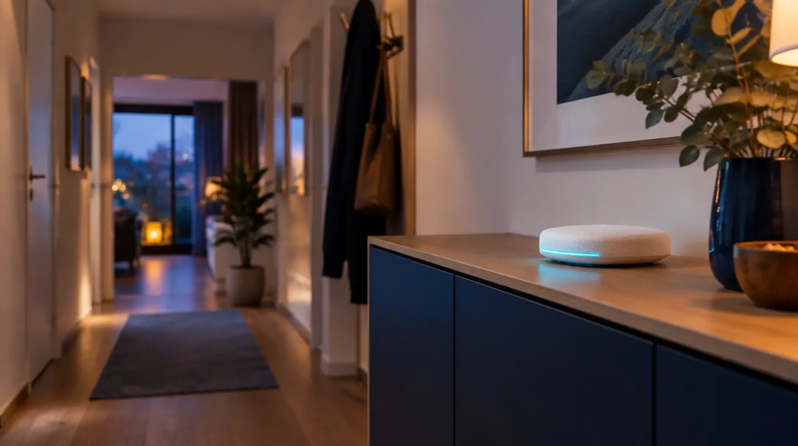Mesh-WLAN-Router auf einem Sideboard im Flur