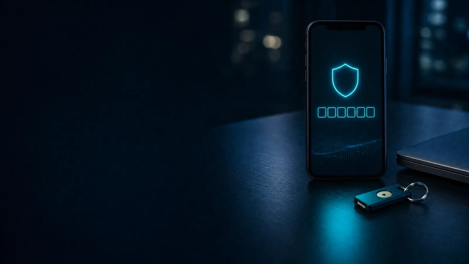 Smartphone mit Code-Eingabe und Schild-Symbol, daneben ein Sicherheitsschlüssel am Schlüsselbund