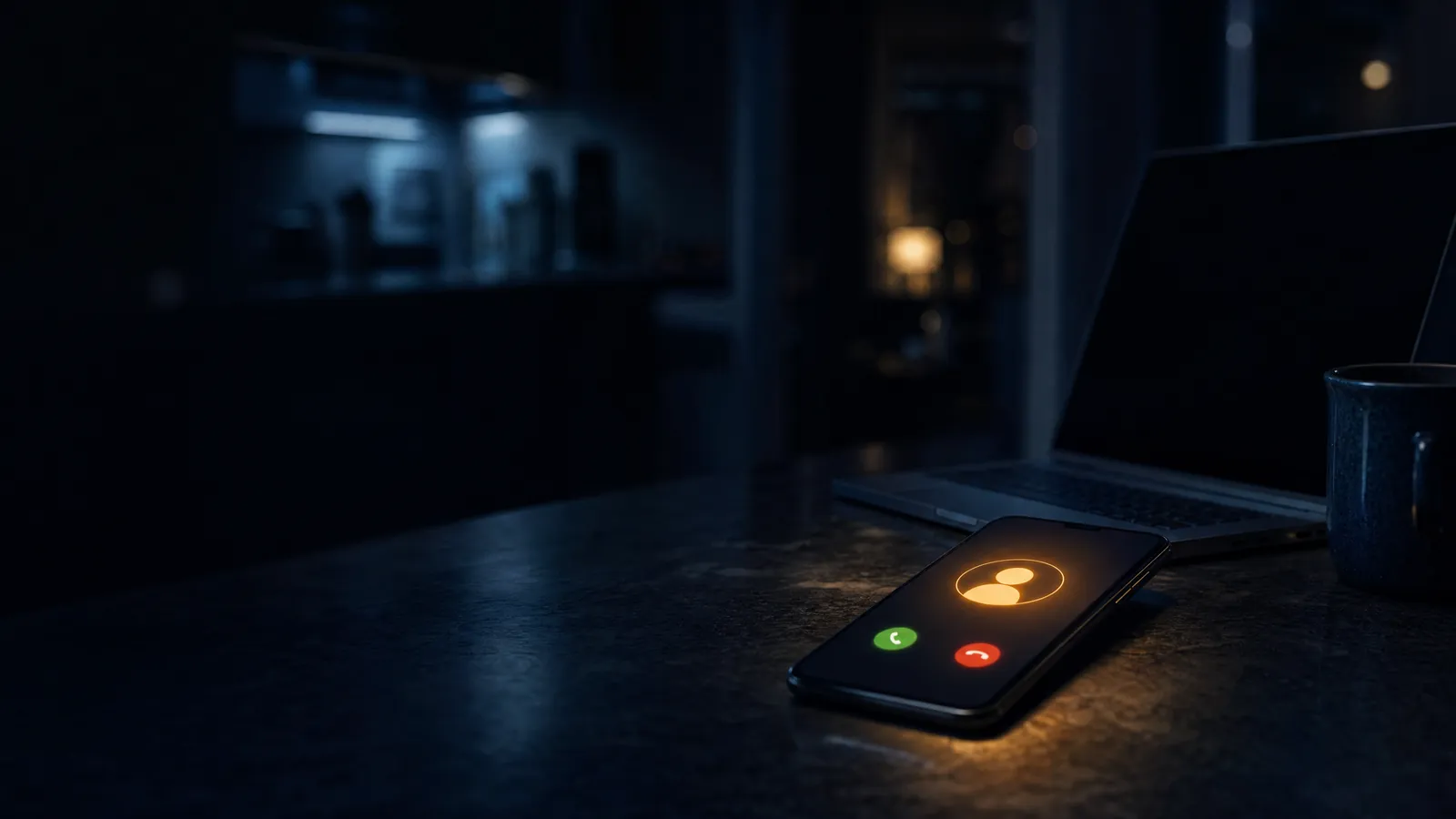 Smartphone mit eingehendem Anruf einer unbekannten Nummer auf einem Tisch