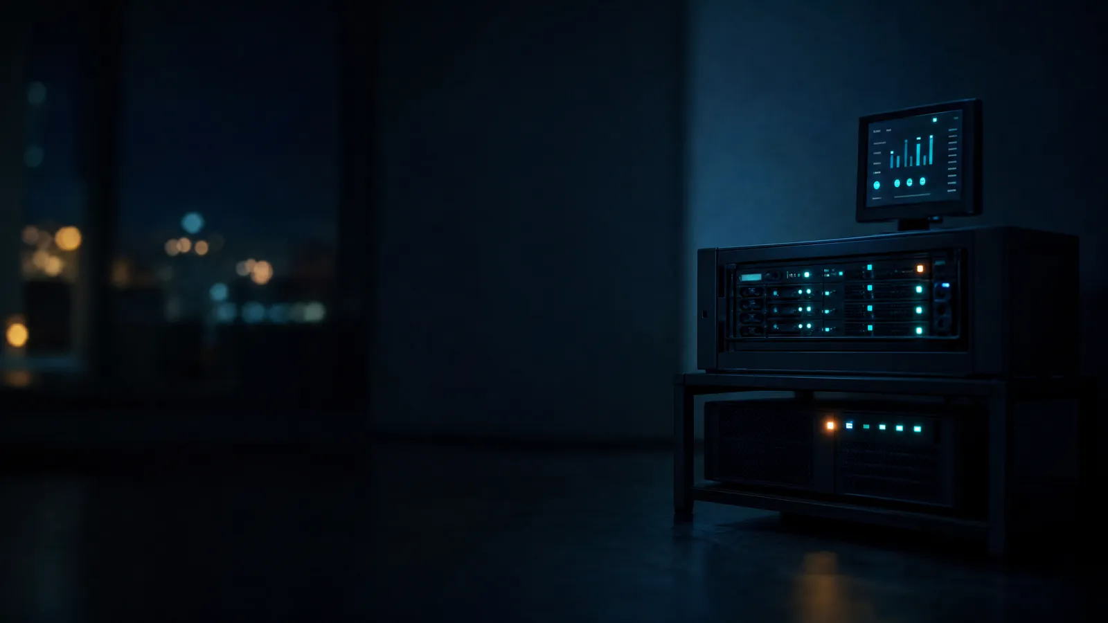 Kleiner Server mit USV und Überwachungsanzeige in einer Büro-Technikecke