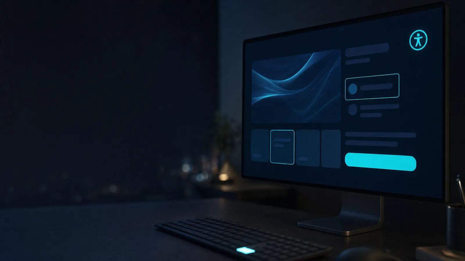 Monitor mit kontrastreicher, barrierefreier Website und Barrierefreiheits-Symbol