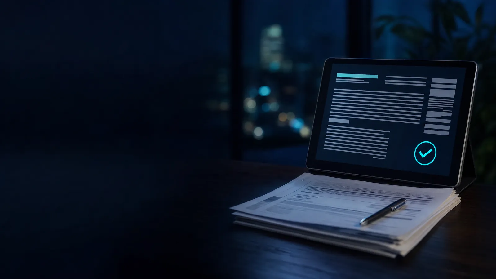Tablet mit digitaler Rechnung neben einem Stapel Papierrechnungen
