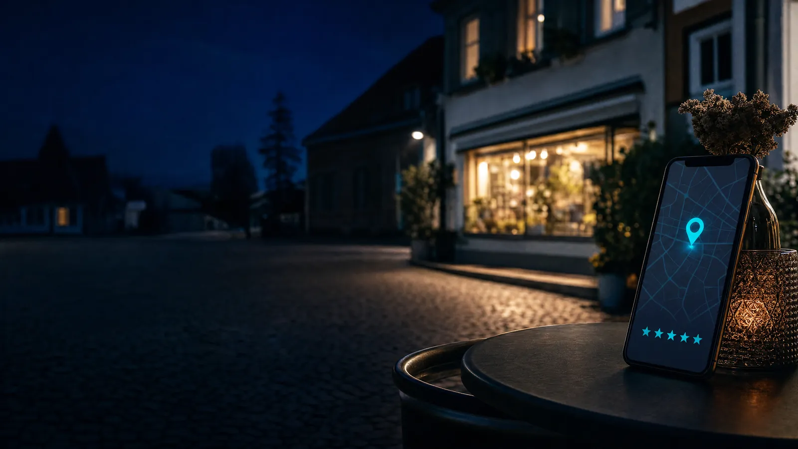 Smartphone mit Karte und leuchtender Standortmarkierung vor einem Ladengeschäft am Abend