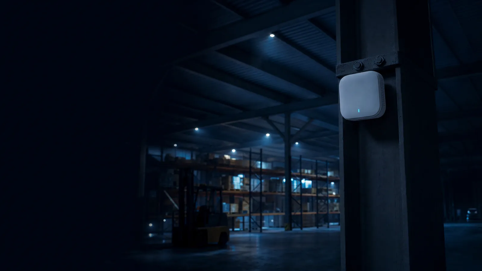 WLAN-Access-Point an einem Stahlträger in einer Lagerhalle