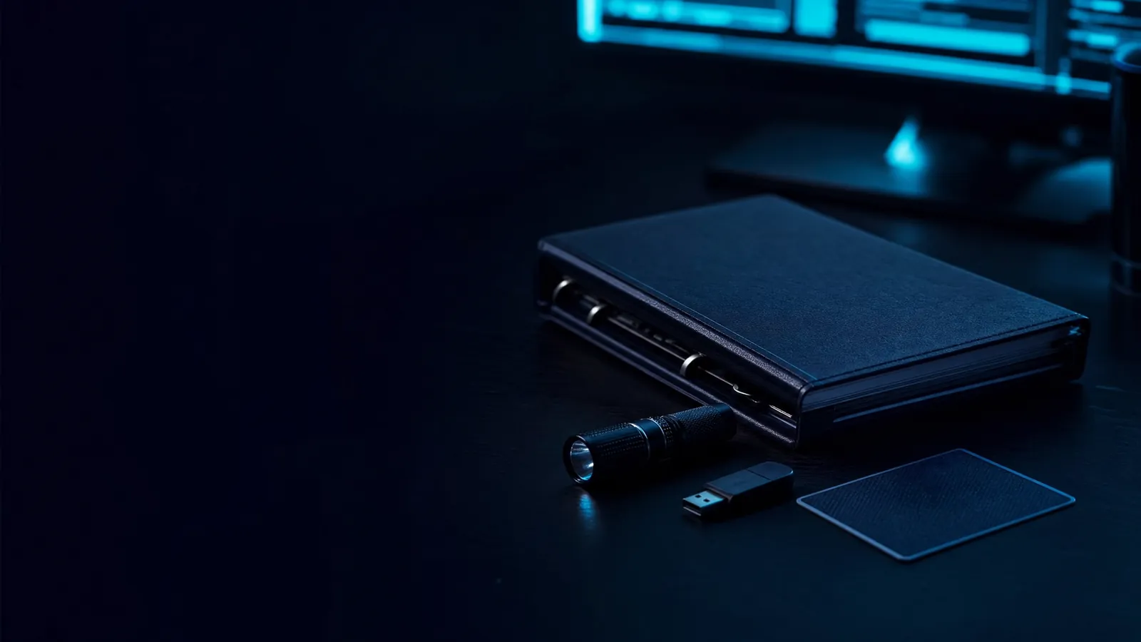 Notfallordner mit Taschenlampe und USB-Stick auf einem Schreibtisch