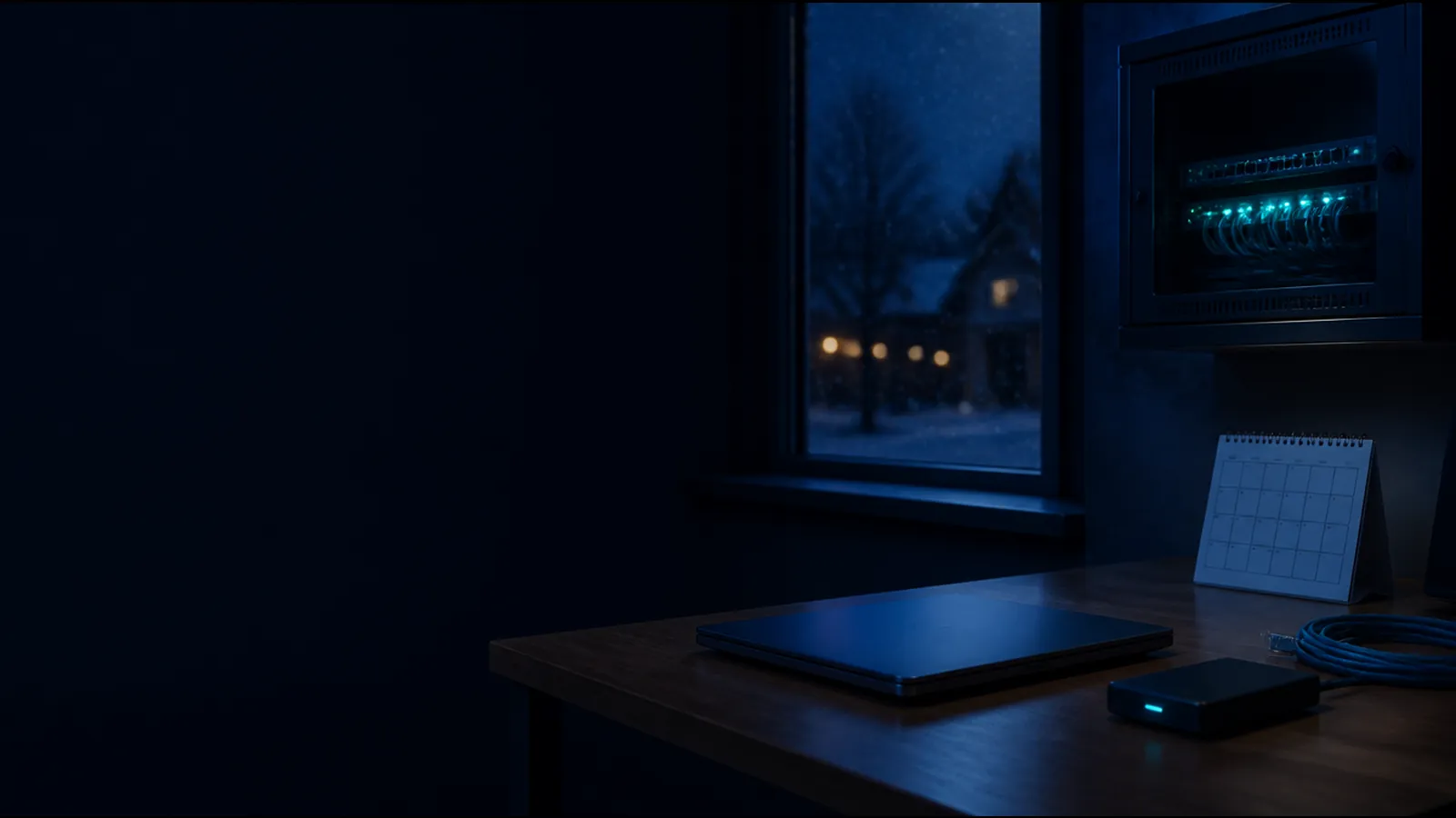 Arbeitsplatz am Winterabend mit Laptop, externer Sicherungsfestplatte und Netzwerkschrank mit leuchtenden Status-LEDs