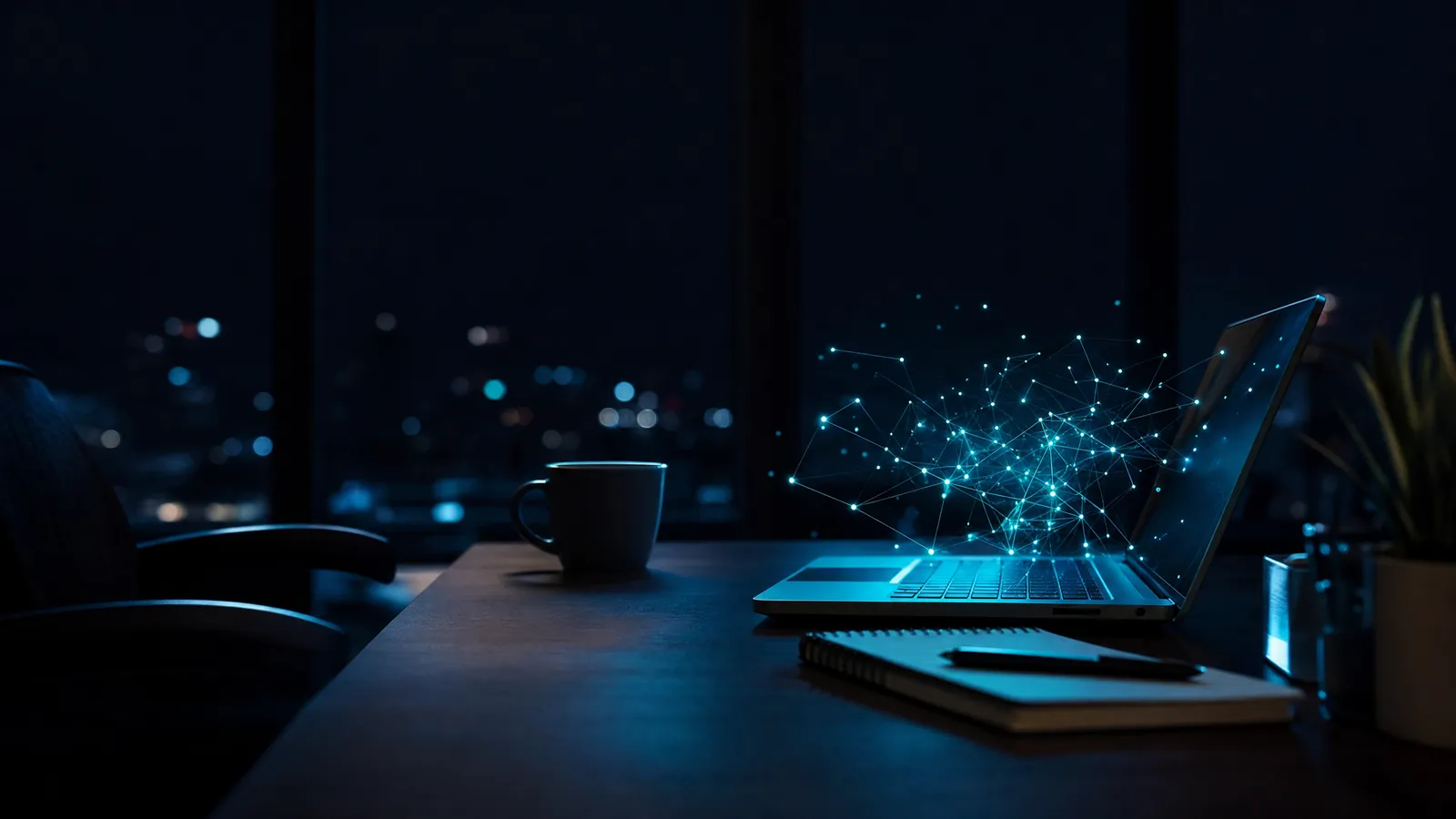 Laptop im Büro mit leuchtendem Netz aus Lichtpunkten als Symbol für künstliche Intelligenz