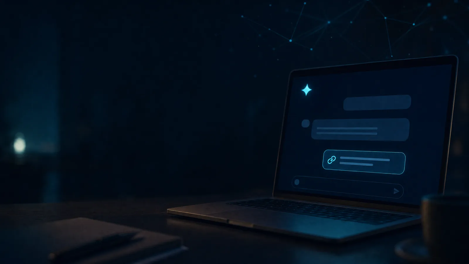 Laptop mit KI-Chat und hervorgehobener Quellenangabe, darüber leuchtende Netzlinien