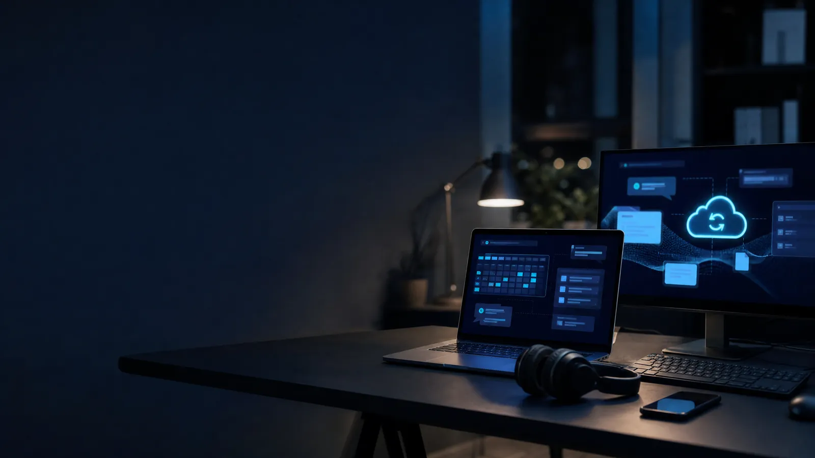 Arbeitsplatz mit Laptop und Monitor mit Kalender, Chat und Cloud-Dokumenten