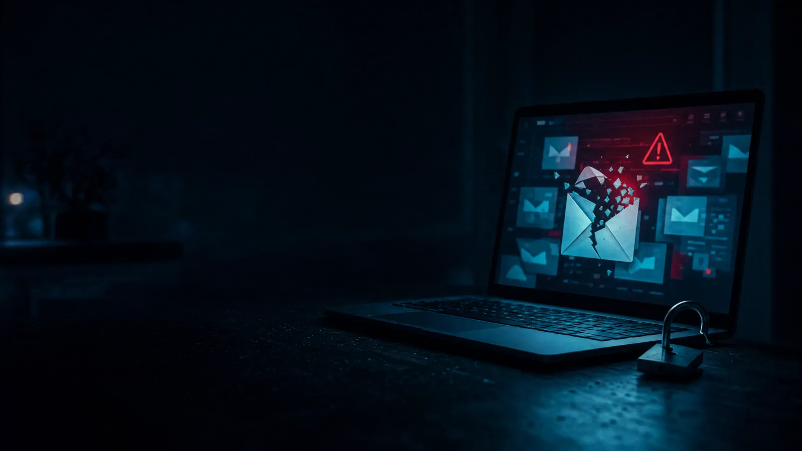 Laptop mit geöffnetem E-Mail-Postfach und Warnsymbol, daneben ein geöffnetes Schloss