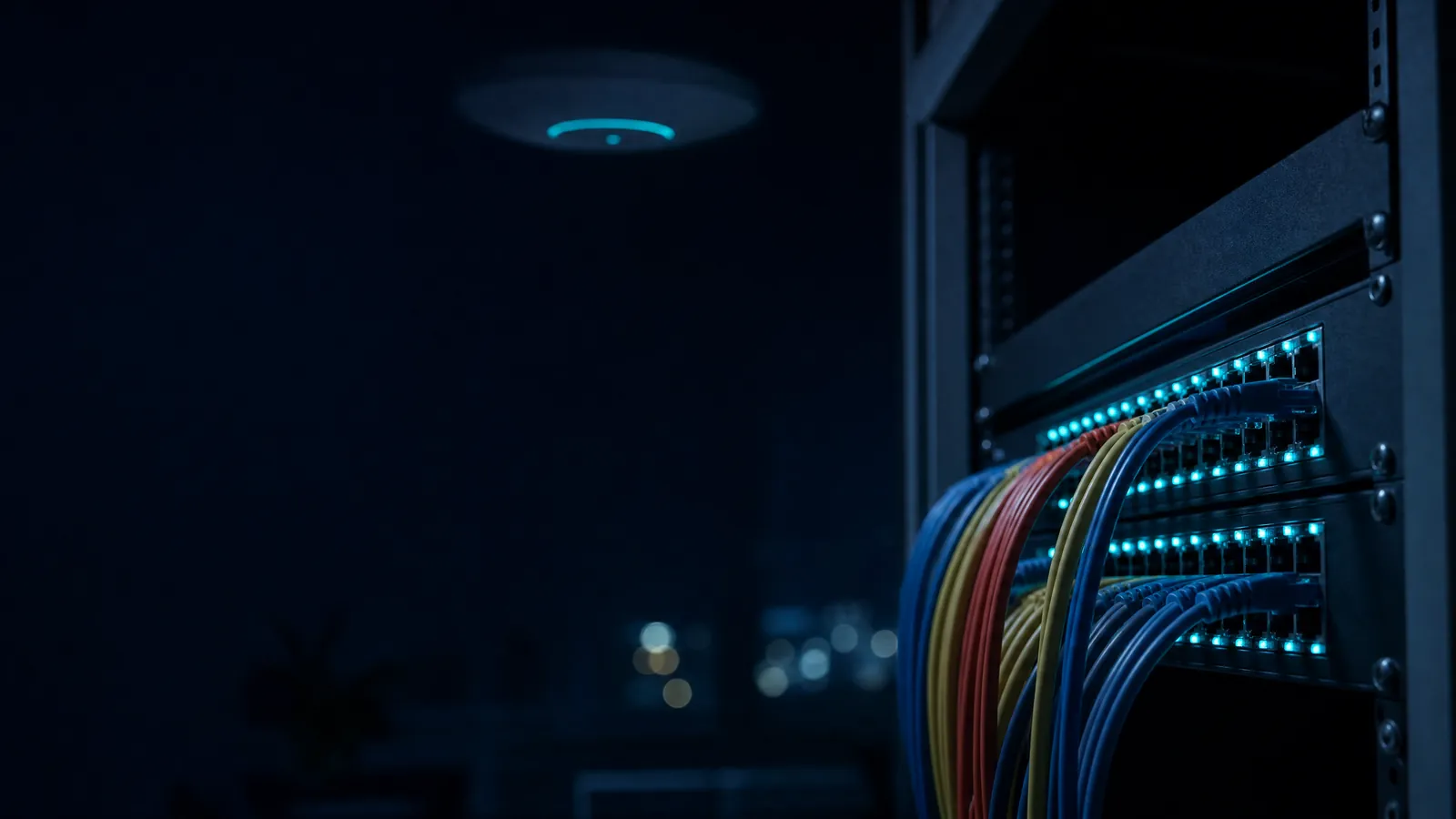 Netzwerk-Switch mit Patchkabeln in einem kleinen Büroschrank, darüber ein WLAN-Access-Point