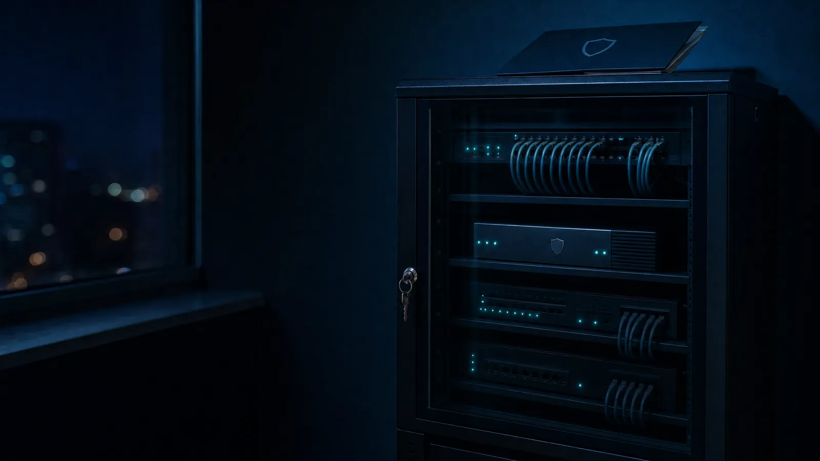 Abgeschlossener Netzwerkschrank mit Firewall und Ordner mit Schutzschild