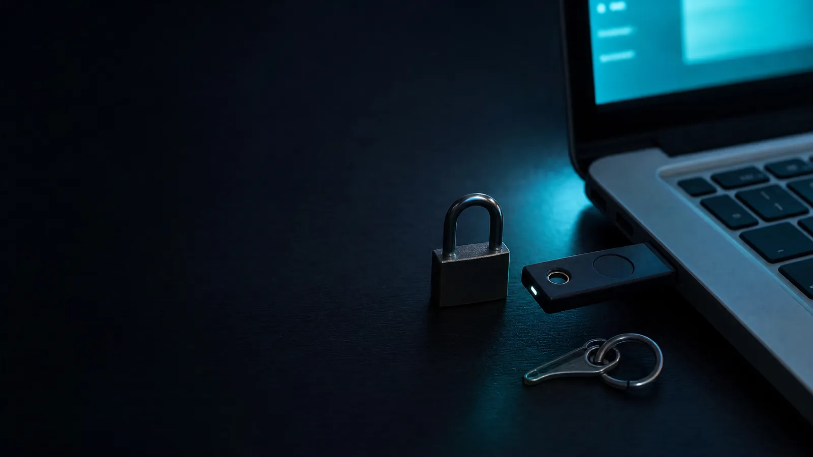 Sicherheitsschlüssel im Laptop neben Vorhängeschloss und Schlüssel