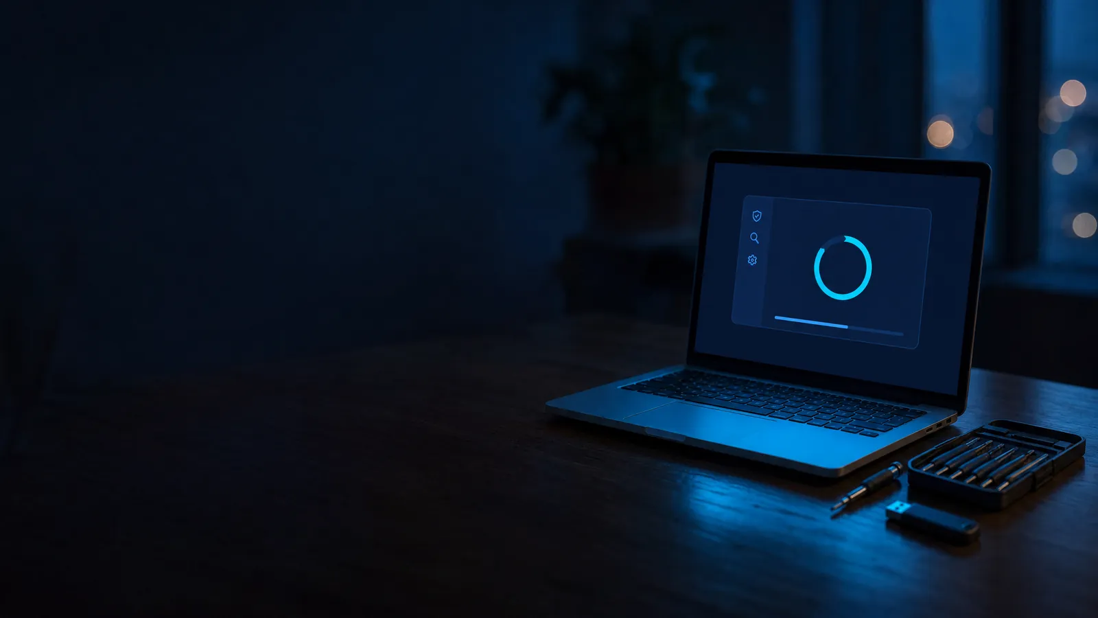 Laptop mit Systemdialog auf einem Schreibtisch, daneben Werkzeug und USB-Stick