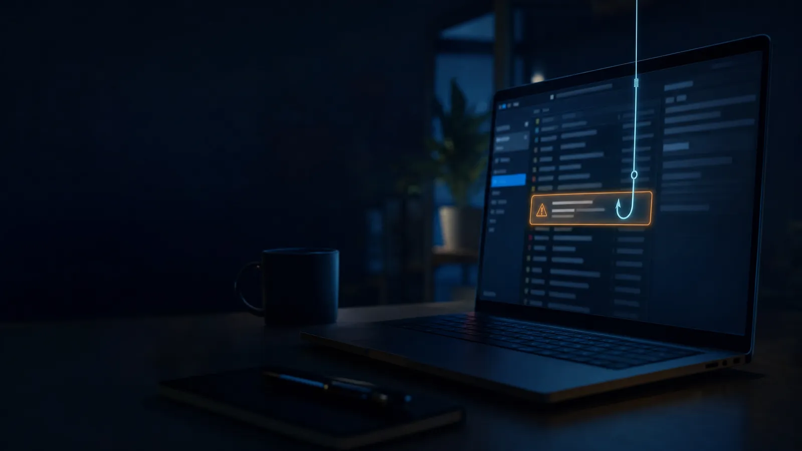 Laptop mit markierter verdächtiger E-Mail und symbolischem Angelhaken