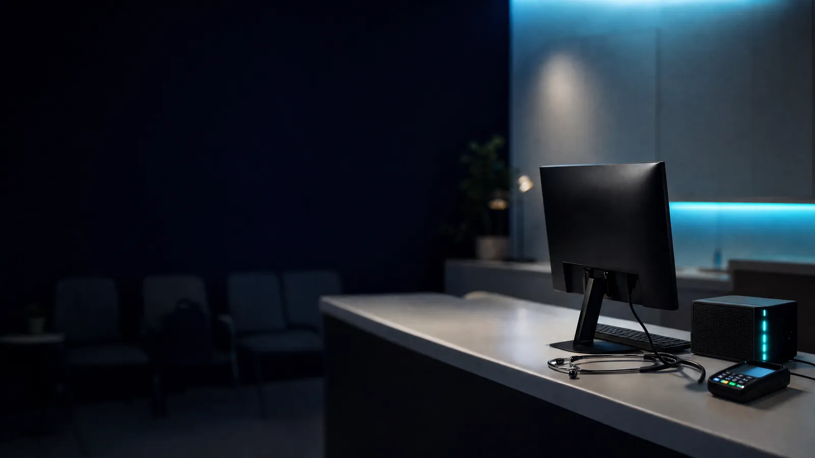 Empfangstresen einer Arztpraxis am Abend mit Computer, Kartenterminal und Netzwerkgerät