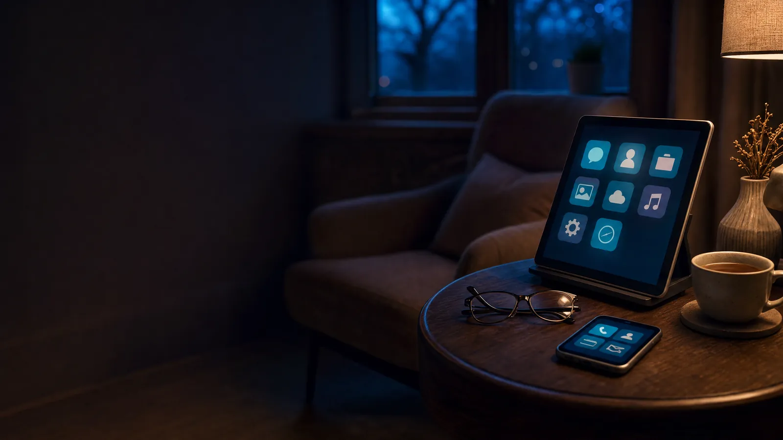 Tablet mit großen Symbolen, Lesebrille und Smartphone auf einem Beistelltisch im Wohnzimmer
