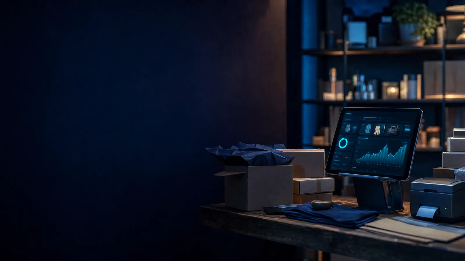 Packtisch eines kleinen Onlinehändlers mit Versandkartons und Tablet mit Shop-Auswertung