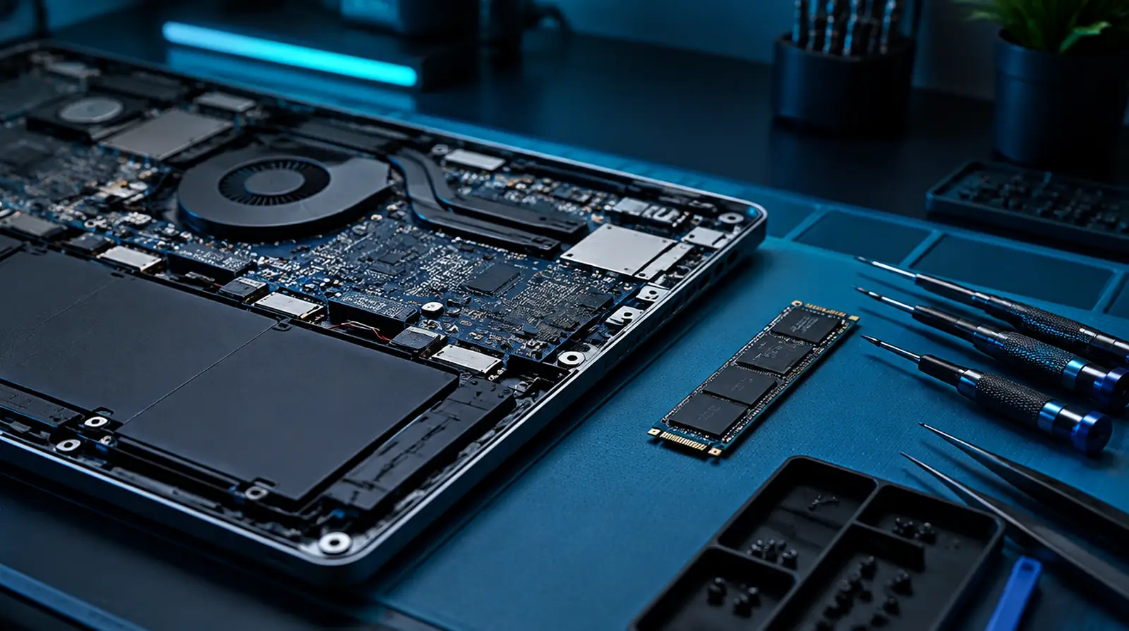 Geöffneter Laptop mit SSD und Werkzeug auf einer Reparaturmatte