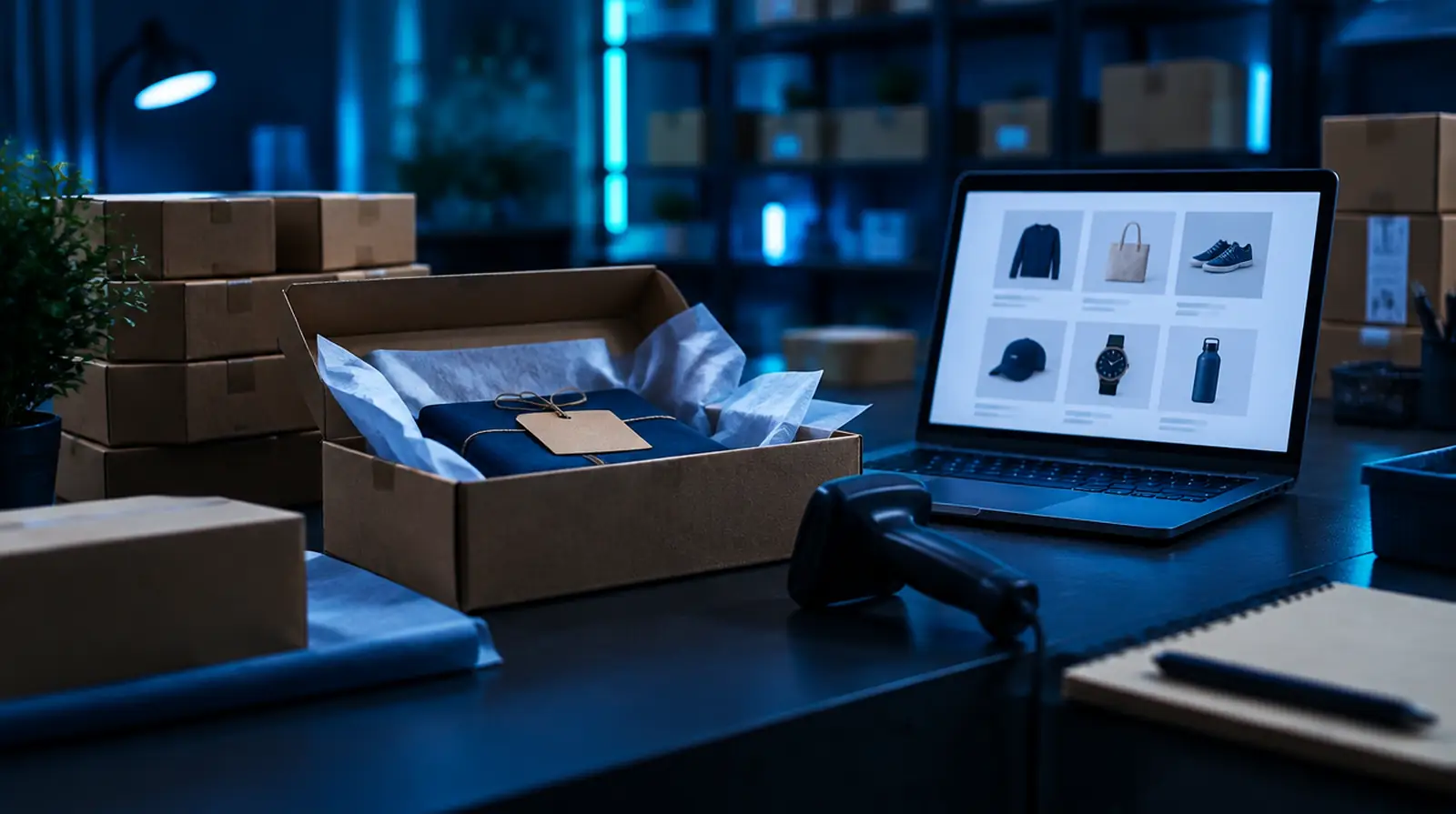 Versandstation eines Onlineshops mit Paketen und Laptop